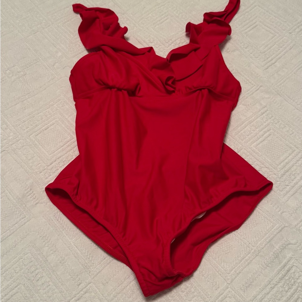 Venus one piece red swimsuit. Ruffles at shoulders and chest. Size 8. So cute! - Picture 5 of 10